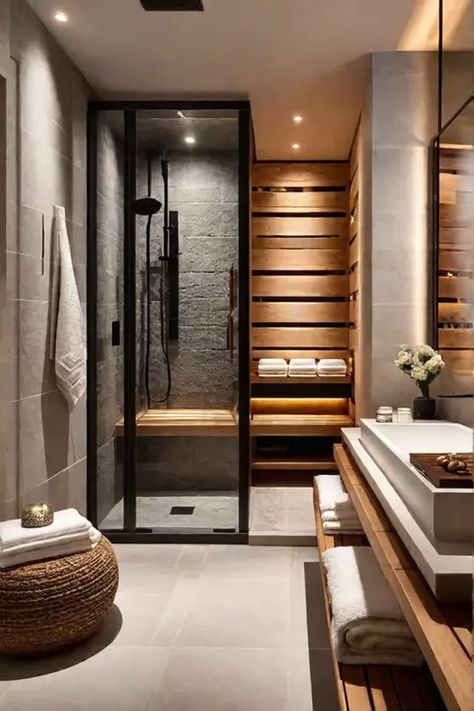 Spalike bathroom with natural stone and soft lighting Bathroom With Sauna Ideas, Small Sauna In Bathroom, Bathroom Sauna Ideas, Scandinavian Bathrooms, Scandinavian Design House, Sauna Bathroom Design, Scandinavian Bathroom Design, Bathroom Sauna, Sauna Ideas