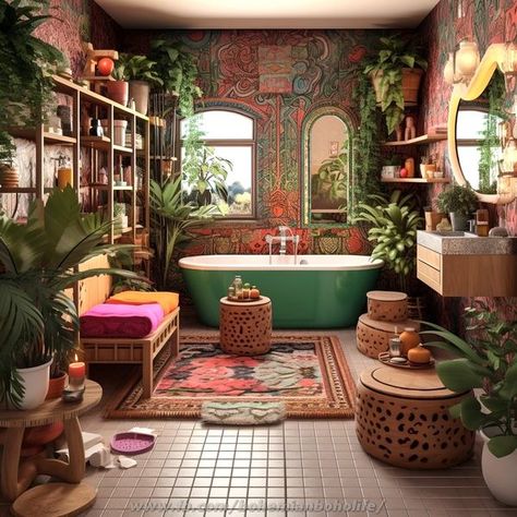 Rainforest Decor, Jungle Bathroom, Boho Style Bathroom, Boho Bathroom Ideas, Bohemian Style Decor, Bohemian Bathroom, Boho Bathroom Decor, Vintage Bathrooms, Boho Bathroom