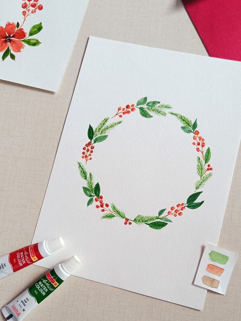 Christmas Wreath Painting Acrylic, Christmas Wreath Painting, Berries Aesthetic, Bryce Buse, Christmas Boarders, Wreath Painting, Proverbs 27, Circle Drawing, Red White Christmas