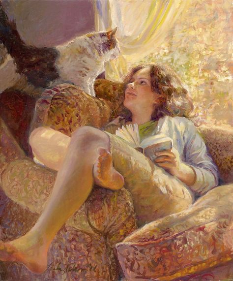 "Lindsay" - Linda Lee Nelson, b. 1963 {contemporary figurative artist beautiful female reading book in window sunlight with feline cat painting} Reading Art, Figurative Artists, Cat Books, Woman Reading, Girl Reading, Agatha Christie, Cat Painting, Vincent Van Gogh, 그림 그리기