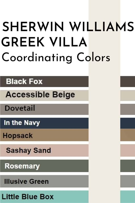 Paint color inspiration for colors that coordinate with Sherwin Williams Greek Villa SW 7551. Some of the best colors to pair with Greek Villa #paintcolors #home #interiordesign #whitepaint #colorpalette Colors That Go With Greek Villa Sherwin Williams, Sw Gossamer Veil Cabinets, Sherwin Williams Mediterranean, Sherwin Williams Greek Villa Palette, Greek Villa Color Scheme, Sherwin Williams Greek Villa Coordinating Colors, Greek Villa Paint, Greek Villa Exterior, Greek Villa Coordinating Colors