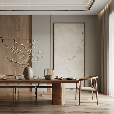 Compact Japanese dining room design maximizing space with multifunctional furniture Japanese Inspired Dining Room, Japandi Dinner Table, Minimalistic Dining Room, Dining Room Table Design, Dining Room Minimalist, Dining Interior Design, Japandi Dining Room Design, Japanese Dining Room, Modern Minimalist Dining Room