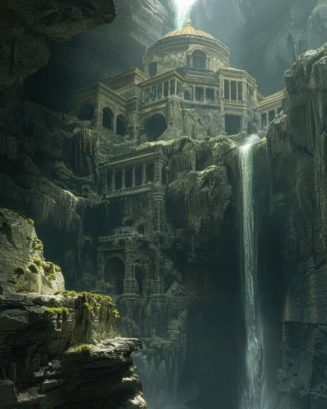 Underfalls Temple - hidden beneath a waterfall deep in the mountains. Yes, I’ve been playing Elden Ring DLC and trying to platinum the game recently. As you can see… - #photoshop #paintover #midjourney #mattepainting #digitalart #digitalpainting #visual #exploration #painting #conceptart #artdirection #illustration #environment #mood #architecture #ruins #rusted #forgotten #overgrown #waterfall #falls #underground #mountain #nature #crumbled #solitude #eldenring Elden Ring Architecture, Underground Ruins Fantasy Art, Ruins Landscape Fantasy Art, Underground Temple, Dark Fantasy Landscape Ruins, Underground Ruins, Mountain Ruins Fantasy Art, Elden Ring Environment, Forest Ruins Concept Art