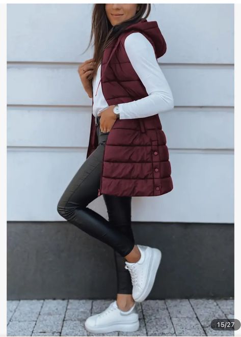 Maroon Vest Outfits For Women, Leggings And Puffer Vest Outfit, Long Vest Outfits For Women Winter, How To Style Long Puffer Vest, Long Vests For Women, Maroon Puffer Vest Outfit, Women Puffer Vest Outfits, Maroon Vest Outfit, Long Puff Vest