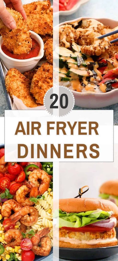 Discover easy air fryer dinner recipes for family that are healthy, quick and mostly ready in 30 minutes. You will find easy meals using chicken, tenders, burgers and also seafood dishes like salmon, shrimp and tilapia along with vegetarian dinners like eggplant parmesan for an easy dinner solution. Get the best air fryer dinner ideas at kitchenathoskins.com. Easy Healthy Dinner Recipes For Two Air Fryer, Burger Air Fryer Recipes, Weeknight Air Fryer Recipes, Air Fryer Recipes For 1 Person, Airfryer Meals For Two, How To Use An Air Fryer Videos, Air Fryer Family Dinner, Best Air Fryer Foods, Air Fryer Recipes Easy Dinner Vegetarian