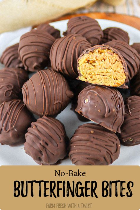 These easy, no bake Butterfinger Bites are made with just 4 ingredients and are insanely good. These homemade and healthy butterfinger bites are crunchy, peanut buttery, and taste like the real deal. This butterfinger bite recipe can be made gluten free and vegan. Healthy Butterfinger, Butterfinger Bites, Butterfinger Recipes, Homemade Butterfingers, Butterfinger Cookies, Finger Desserts, Healthy Candy, Bite Size Food, Chocolate Chip Cheesecake