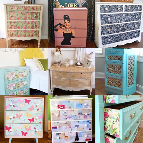 Diy Dresser Makeover With Wallpaper, Mod Podge Wallpaper, Repainting Dresser Ideas, Mod Podge Decoupage, Modge Podge Dresser, Diy Modge Podge Projects, Mod Podge Dresser, Diy Drawers Makeover, Diy Decoupage Furniture Ideas