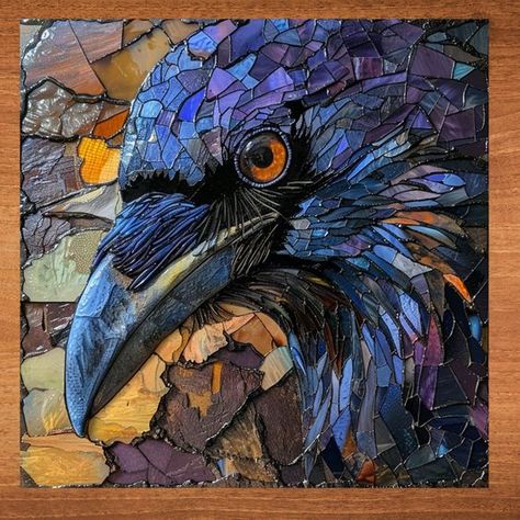 Mosaic Art Painting, Raven Magic, Mosaic Trees, Quilt Collage, Mosaic Floors, Crow Painting, Blue Bird Art, Mosaic Art Diy, Glass Art Pictures