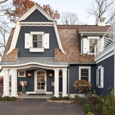 Blue Gray House Brown Roof, Hale Navy, Exterior House Color, Becki Owens, Exterior Paint Color, Casas Coloniales, Grey Houses, Exterior Paint Colors For House, Traditional Exterior