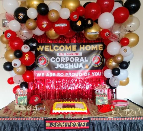 Marine Corps Themed Party, Marine Coming Home Party, Marine Party Decorations, Welcome Home Marine Party, Marine Corp Retirement Party Ideas, Marine Welcome Home Party, Marine Graduation Party, Marine Corps Party Ideas, Usmc Retirement Party Ideas