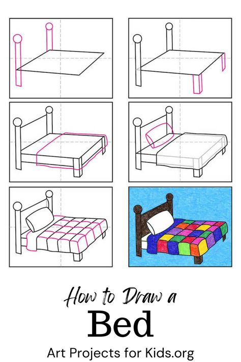 Bed Cute Drawing, Simple Bed Drawing, How To Draw Bedroom, How To Draw A Bed, Bed Drawing Easy, Room Art Drawing, Bed Doodle, Drawing Bed, Bed Drawing