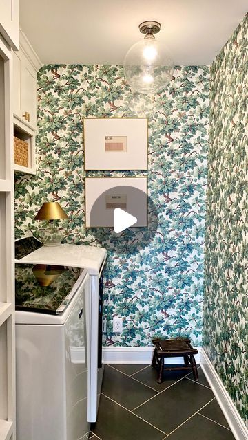 Emily A. Clark on Instagram: "Adding the FUN in functional with peel and stick wallpaper for our laundry room. I used Vert Woodland from @theInside to make the spot where I spend many of my hours a more pleasant place to be. I also pulled in some artwork, a tiny lamp and some new laundry baskets to finish out the space. 👉🏻AND, I have a referral code for you: Take $50 off orders $199+ with code EmilyC50

More details and links in my stories. #partner 

#wallpaper #laundryroommakeover #laundryroom #pattern" Green Wallpaper Laundry Room, Partner Wallpaper, Bold Floral Wallpaper Laundry Room, Lemon Laundry Room Wallpaper, Riffle Paper Co Wallpaper Bathroom, Laundry Roon Wallpaper, Tiny Lamp, Laundry Baskets, Laundry Room Makeover