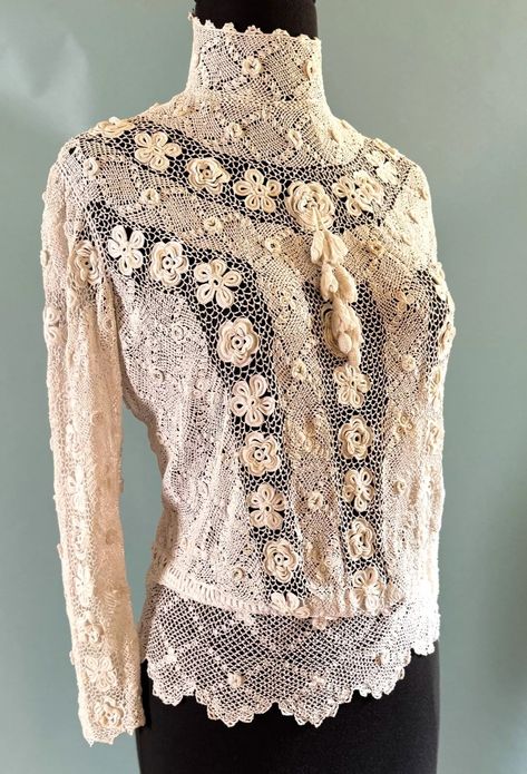 Gorgeous Antique 1900's Edwardian Hand Made Irish Lace Blouse with peplum | eBay High Neck Lace Blouse, Blouse With Peplum, Irish Lace, Lace Blouse, Hand Crochet, Blouse And Skirt, Bodice, Hand Made, Crochet