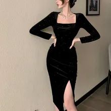 Elegant Women Party Dress Fashion Vintage Square Collar Sheath Office Lady Robe Female Sundress Retro Evening Club Dress Vestido| | - AliExpress Cute Dresses With Long Sleeves, Cocktail Dress Classy Evening Midi, Black Velvet Long Dress, Cocktail Dress Classy Evening, Velvet Long Dress, Velvet Evening Dress, Black Dresses Classy, Velvet Dress Long, Dress Korean