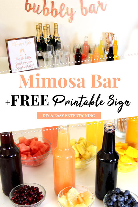 Mimosa bar - free printable sign - diy & easy entertaining. Mimosa flavors in jars on mimosa bar with sparkly banner and mimosa bar sign on how to make. Diy Mimosa Bar, Diy Mimosa Bar Sign, Juices For Mimosa Bar, How Much Champagne For Mimosa Bar, Mimosa Bar Printables, Mimosa Bar Labels, Mimosa Bar Sign Printable Free, Momosa Mimosa Bar Sign Printable Free, Gluten Free Cocktails