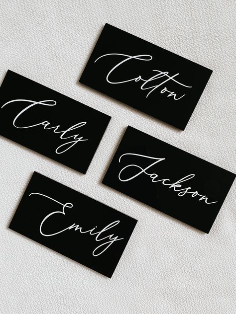 "Our 3.5x2\" sleek black acrylic name cards will be sure to make a statement on your wedding day!  Name cards are made using premium permanent vinyl and adhered by hand to top quality black acrylic. *Please leave your font choice below or we will use option 1*" Name Plates For Wedding, Acrylic Name Cards, Black Table Cards, Black Place Cards, Black Name Cards Wedding, Black Wedding Place Cards, Acrylic Name Tags, Black And White Wedding Name Cards, Name Cards Wedding