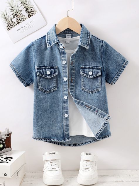 Young Boy Toddler Boys Flap Pocket Denim Shirt Without TeeI discovered amazing products on SHEIN.com, come check them out! Kids Denim Shirt, Jean Shirt Outfits, Boys Denim Shirt, Denim Shirt Outfit, Short Sleeve Denim, Casual Denim Jacket, Denim Shirts, Boys Denim, Plain Shirt