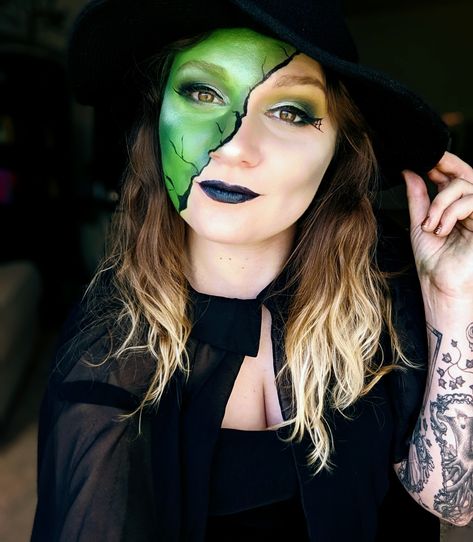 Wicked Witch Of The West Inspired Makeup, Wizard Face Paint, Wicked Witch Of The West Costume Makeup, Wicked Witch Makeup Wizard Of Oz, Wicked Witch Of The West Make Up, Wicked Inspired Makeup, Wicked Witch Of The West Costume, Wicked Witch Makeup, Elphaba Makeup