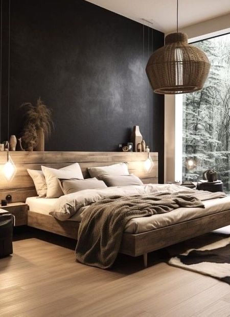 Monochrome Wood Interior, Black Japandi Bedroom, Monochromatic Interior Design Monochrome, Masculine Minimalist Bedroom, Black Rustic Bedroom, Monochromatic Bedroom Ideas, Monochromatic Bedrooms, Small Bedroom Designs Cozy, Dark Scandinavian Bedroom