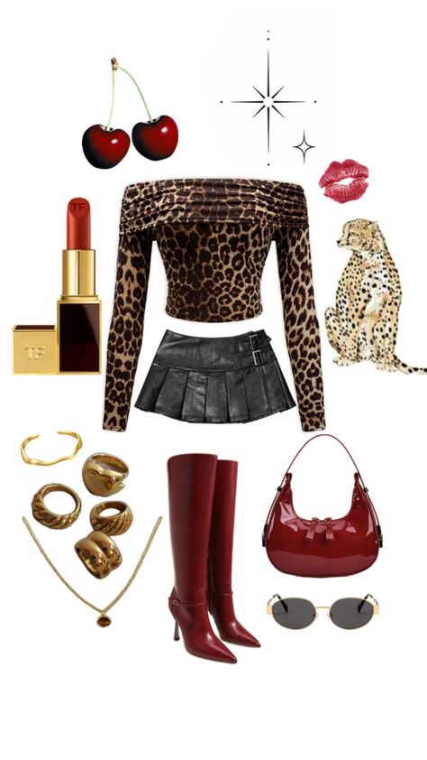 Red And Cheetah Outfit, Leopard And Red Outfit, Cheetah Outfit Ideas, Cheetah Print Outfits Black Women, Cheetah Print Outfit, Cheetah Outfit, Leopard Shirt Outfit, Cheetah Print Party, Cheetah Clothes