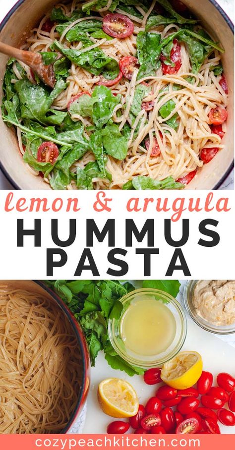 This hummus pasta with lemon and arugula is so creamy, flavorful and easy to make using pantry ingredients. This quick vegan recipe is healthy and easily customized. #vegan #veganrecipe #mealprep #pasta Hummus Flavors, Pasta With Lemon, Lemon Hummus, Hummus Pasta, Peach Kitchen, Easy Vegetable Side Dishes, Quick Vegan, Quick Vegan Meals, Vegetarian Pasta Recipes