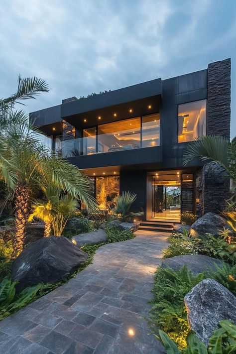 Modern glass house with illuminated pathway amidst lush greenery. Unearth the quirky magic of cool modern houses, where sleek lines meet playful innovation to tickle your architectural fancy. Modern Black House Interior, Illuminated Pathway, Cool Modern Houses, Black House Interior Design, Black House Interior, Modern Black House, Modern Glass House, Modern Residential Architecture, Ultra Modern Homes