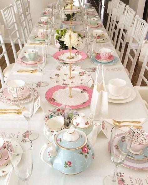 Bridal Shower Tea Party Ideas Decorations, Tea Party Buffet Table Settings Ideas, Lisa Vanderpump Tea Party, Tea Party Long Table, Bridal Tea Party Table Setting, Small Tea Party Ideas, Afternoon Tea Ideas Decorations Table Settings, Tea Party Table Setup, Tea Shower Ideas