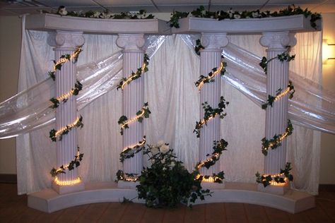 wedding columns decoration ideas | Elegant Roman Pillar 6 column with Fanned Draping Column Decoration Ideas, Pillar Decorations, Wedding Columns, Column Decoration, Wedding Pillars, Toga Party, Prom Themes, Unusual Pictures, Greek Columns