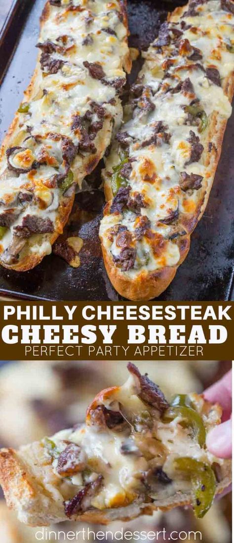 Philly Cheesesteak Cheesy Bread is cheesy and crunchy and full of delicious cheese steak flavors including ribeye steak, green bell peppers, onions and mushrooms. | #philly #phillycheesesteak #cheesybread #cheese #cheesebread #steak #cheesesteak #dinnerthendessert #appetizer #sides #party #partyfood Appetizer Sides, Cheesy Bread Recipe, Cheesy Sandwich, Seared Salmon Recipes, Bread Garlic, Philly Steak, Cheese Steak Sandwich, Easy Steak Recipes, Cheese Steak