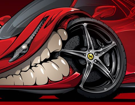 Angry Car, Cartoon Cars, Monster Car, Car Drawing, Cool Car Drawings, Ferrari 458 Italia, Skulls Drawing, Car Wrap Design, Car Artwork