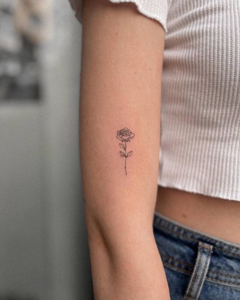 Fine Line Rose Tattoo, Line Rose Tattoo, Fine Line Rose, Rose Stem Tattoo, Tiny Elephant Tattoo, Rose Tattoo On Arm, Earthy Tattoos, Tiny Tats, Rose Flower Tattoos