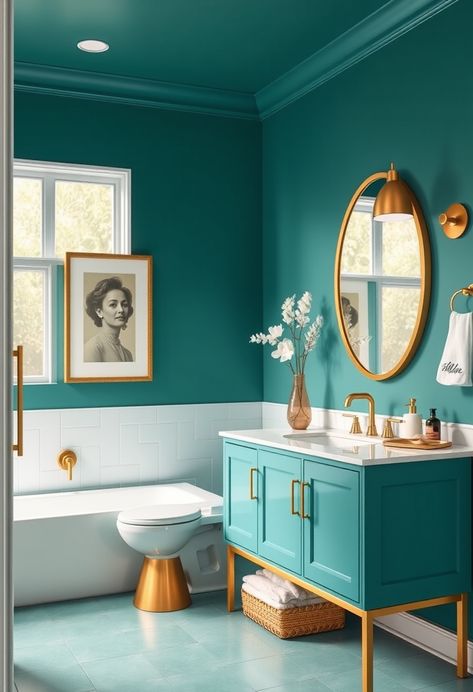 Make a bold statement with a teal-painted bathroom complemented by elegant gold accents. Add a trendy touch to your space! #BoldBathroom #TealAndGold #BathroomStyling Teal Tub Bathroom, Teal Bathroom Cabinets, Teal And Gold Bathroom, Teal Bathroom Paint, Teal Bathrooms, Guest Bathroom Colors, Teal And Grey Bathroom, Kids Bathroom Paint, Peacock Bathroom