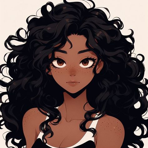 Curly Anime Character, Drawing Of Curly Hair, Curly Hair Girl Drawing, Curly Anime Hair, Curly Hair Oc, Black Hair Drawing, Curly Hair Anime, Curly Hair Art, Anime Curly Hair