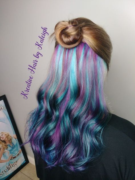 Peak A Boo Rainbow Hair Color, Blue Purple Pink Hair Peekaboo Highlights, Mermaid Hair Color Peekaboo Blonde, Peak A Boo Hair Color Blonde, Mermaid Hair Color Peekaboo, Kids Hair Color Ideas Girls Fun, Kids Hair Dye Ideas, Peekaboo Rainbow Hair, Rainbow Underneath Hair