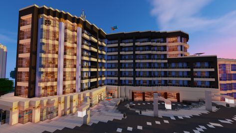 Minecraft Resort Hotel, Minecraft Hotel Lobby Ideas, Minecraft Resort Ideas, Minecraft Beach Resort, Minecraft Hotel Lobby, Downtown Minecraft, Resort Minecraft, Minecraft Hotels Ideas, Minecraft Hotel