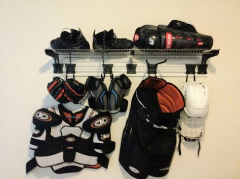 For a long time I have spread my gear on the floor either in the house or in the garage. Fed up with this, I decided to search for a better way to dry my ge... Hockey Equipment Drying Rack, Hockey Gear Storage, Hockey Drying Rack, Hockey Equipment Storage, Hockey Organization, Hockey Storage, K Tape, Floors Ideas, Hockey Bedroom