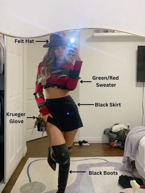 Nightmare On Elm Street Costume, Men Halloween Costume Ideas, Fantasia Freddy Krueger, Freddy Krueger Costume Women, High School Halloween Costumes, Scream Halloween Costume, Freddy Costume, Freddy Krueger Costume, Halloween Costumes Women Scary