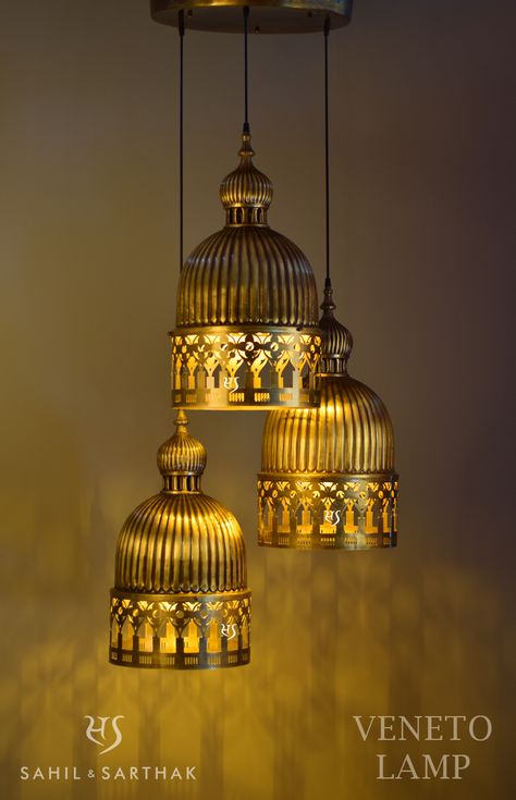 Veneto Lamp Saudi Architecture, Indian Lamps, Indian Interior Design, Light Bulb Crafts, Drawing Furniture, Indian Interiors, Brass Items, Indian Restaurant, Lighting Design Interior