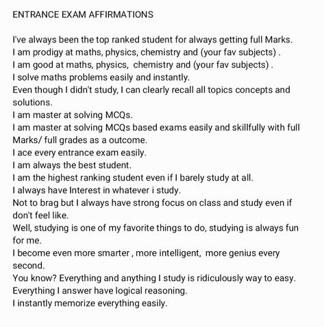 #exammotivation #aceexam #examslayer #examaffirmations #correctanswersaffirmations #memoryaffirmations #fullgradesaffirmations  #studyaffirmations  #affirmarions #studyaesthetic #perfectstudantaffirmations #study #notesaffirmations #firstrankaffirmations #iammasterofmanifestation #mathsaffirmation #revisepastgrades #entranceexamaffirmations Positive Exam Affirmations, Before Exam Affirmation, Exam Affirmations, Pass All Exams Affirmations, Exam Pass Affirmation, Passing Exams Manifestation, Exam Motivation, Entrance Exam, Good Student