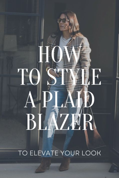 How to Style A Plaid Blazer, plaid blazer outfits, blazer and jeans outfits Women Plaid Blazer, How To Style Houndstooth Blazer, Blue Plaid Blazer Outfits For Women, Long Plaid Blazer Outfit, Plaid Wool Blazer Outfit, Brown Plaid Blazer Outfit Casual, Blazer And Sneakers Outfit Classy, Gray Plaid Blazer Outfit Women, How To Style A Plaid Blazer