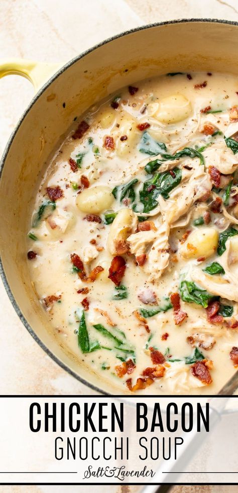 a pot of soup with a ladle and text overlay that reads chicken bacon gnocchi soup Bacon Gnocchi Soup, Chicken Bacon Gnocchi, Bacon Gnocchi Recipes, Fast Comfort Food, Spinach Chicken Soup, Bacon Gnocchi, Chicken Dish Recipes, Penne Carbonara, Carbonara Spaghetti