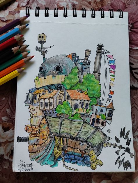 Castle Art Projects, Castle Sketch, Howls Moving Castle Art, Castle Drawing, Studio Ghibli Background, Castle Painting, Color Pencil Sketch, Pen Art Work, Howl And Sophie