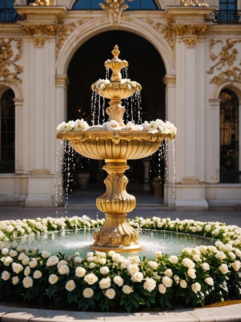 Fountain Decoration Ideas Wedding, Chandelier For Wedding Decor, Wedding Reception Layout 100 People, Fountain Flowers Wedding, Driveway With Fountain, Wedding Fountain, Courtyard Fountain, Fountain Wedding, Bride 2024