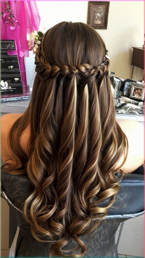 Prom Hairstyles Curled Half Up Half Down, Straight Wedding Hair, Easy Prom Hairstyles, Long Hair Ideas, Royal Hairstyles, Curly Braided Hairstyles, Purple Quince, Curly Prom Hair, Red Hair Inspiration