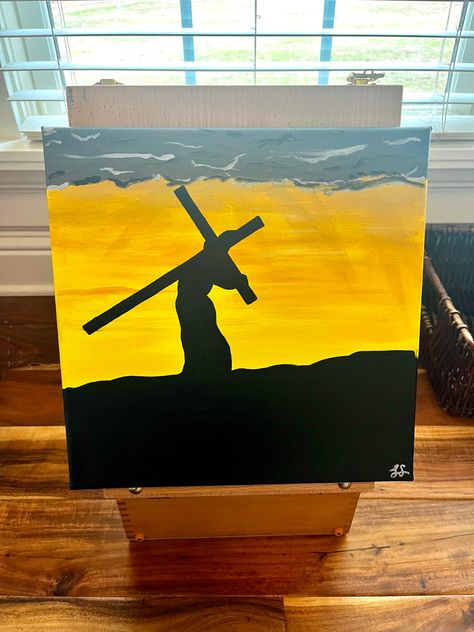 Christian Art Painting Simple, Christian Paintings On Canvas Easy, Jesus Painting Easy, Canvas Painting Sunset, Cross Canvas Paintings, Jesus Carrying The Cross, Christian Art Painting, Minimalistic Artwork, Carrying The Cross