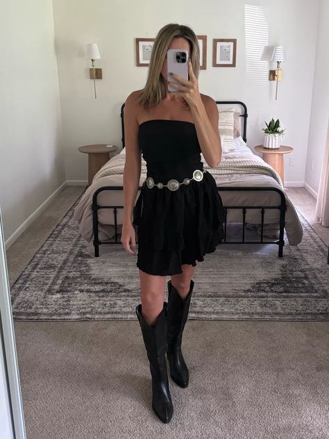 Country concert outfit, black dress, western style, black cowgirl boots, country belt, amazon fashion Black Cowgirl Boots Outfit, Black Western Outfit, Country Festival Outfit, Country Belts, Black Cowgirl Boots, Cowgirl Boots Outfit, Country Concert Outfit, Western Cowboy Boots, Western Cowboy