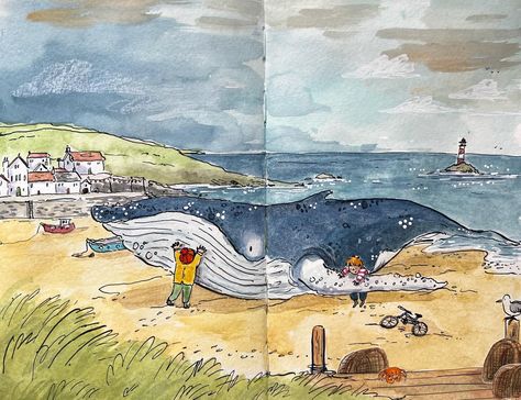 This little scene popped into my head today so I had to get it onto paper… these two are trying to help a stranded whale… 🐋 swipe for scanned in version! . Materials used: @moleskine watercolour sketchbook @schmincke_official watercolours Some gouache from my plate of paint (mixed brands) @ecolineworld and @tombow_uk markers Dip pen and ink @carandache luminance pencils and neocolours Tono acrylic pen Time taken : 80 minutes Snacks: A large latte from @sabzideli , and a few cashew nuts!... Watercolour Pencils Art, Water Ink Drawing, Watercolour Pencil Art, Watercolor And Pen Art, Carandache Luminance, Hall Illustration, Watercolour Doodles, Watercolour Sketchbook, Watercolor Pencil Art