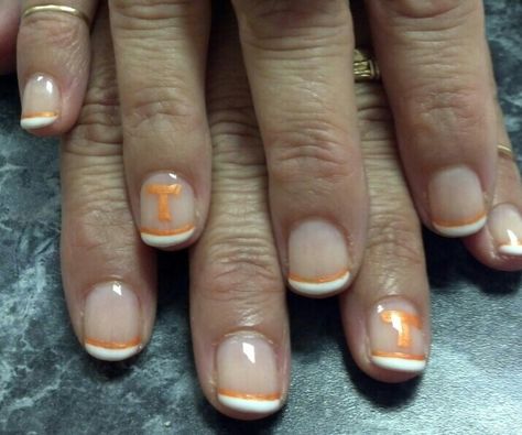 OPI Alpine Snow and Bubble Bath with Tennessee nail art Tennessee Vols Nails, Ut Nails, Sports Themed Nails, Tennessee Nails, Moody Makeup, Opi Alpine Snow, Girl Nails, Rocky Top, Nail Designs Glitter