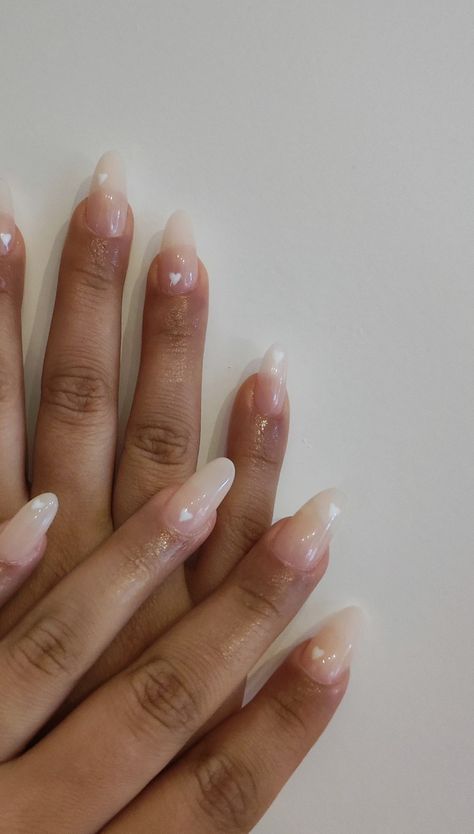 Milky Heart Nails, Milky Jelly Nails, Milky White Valentines Day Nails, Clear Milky Nails, Milky Sheer Nails, Clear Nails With Hearts, Clear Nails With White Hearts, White Nails Transparent, Milky White Valentines Nails