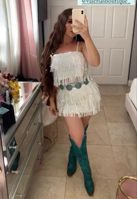 Cowgirl Outfit Birthday, Fringe Romper With Boots, Fringe Romper Outfit, Quinceanera Outfits For Surprise Dance, Suprise Dance Outfits Quinceañera, Fringe Cowgirl Outfit, Baile Sorpresa Outfits Quinceanera, Chambelanes Outfits, Fringe Skirt Outfit